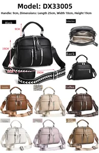 Detailed size view of pebbled leather handbag with wide floral strap and six color options