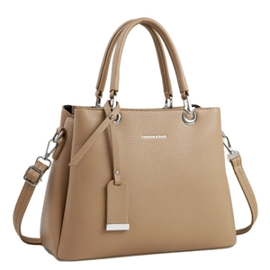 Brown lychee texture leather handbag with dual handles and adjustable shoulder strap