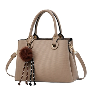 Retro khaki woven texture tote bag with plush ball charm and gold hardware for women