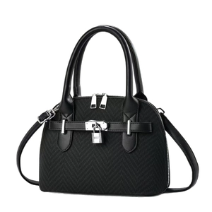 Elegant black herringbone canvas shell handbag with leather trim and H-lock closure