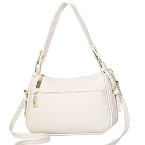 Grand sac à main blanc en cuir grainé avec bandoulière réglable et détails dorés chic