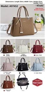 Detail view of woven leather handbag in 8 colors with multi-compartment interior and dimensions