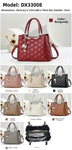 Detail view of quilted handbag DX33008 with pearl charm and metallic handles in 8 colors