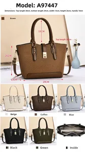 Detailed view of woven texture tote bag with dimensions and internal zip compartments