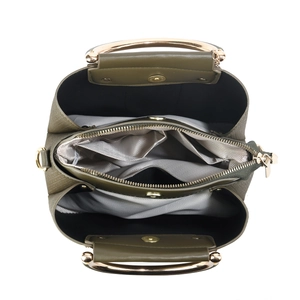 Top view of olive green bag showing large capacity with internal zipper compartments