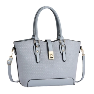 Minimalist light blue woven texture handbag with golden buckle and adjustable shoulder strap