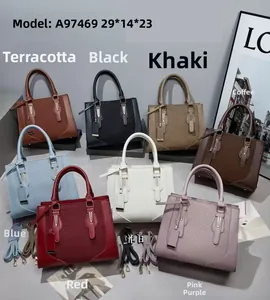 Eight colors of leather patchwork handbags shown with dimensions and model A97469