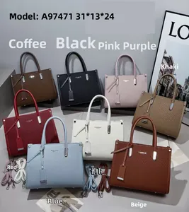 Detailed display of 8 colorful leather tote bags with metal logos and detachable straps