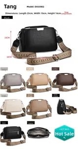 Detail of crossbody bag with three zipper layers and geometric patterned wide strap