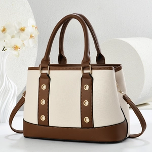 Large capacity vintage tote bag in cream white and brown with pebble leather texture