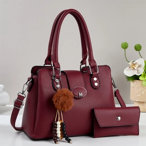 Sac À Main Et Portefeuille Pour Femmes En Cuir PU Texture Litchi Grande Capacité Sac À Épaule Avec Pompon Tendance