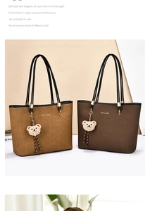 Detailed close-up of brown textured tote bags with bear pendant and gold hardware
