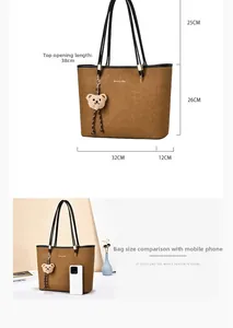 Detailed size specifications of brown suede tote bag with 38cm width and handle height