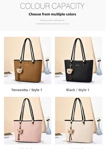 Collage of large tote bags in four colors with cute bear charms and logo detail