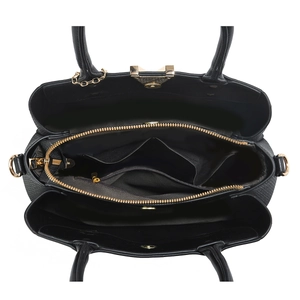 Vue de dessus de l'intérieur du cabas noir avec trois compartiments et zips dorés