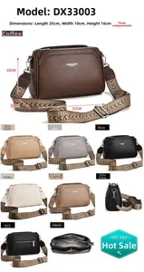 Three-layer crossbody bag with ethnic strap, size 25x10x16cm, multiple views in neutral colors