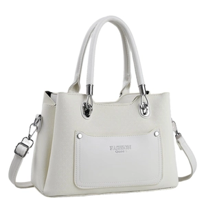 Elegant white faux leather handbag with Fashion Queen print and silver top handles