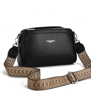 Women Crossbody Bag PU Leather Lychee Pattern Wide Woven Strap Multiple Zipper Compartments Versatile Fashion Shoulder Purse