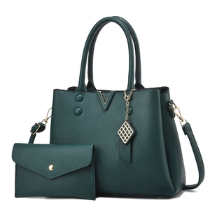 Ensemble sac cabas vert foncé en cuir grainé avec décor V et pochette assortie