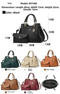 Detail view of leather handbag set in six colors with dimensions and zip compartment