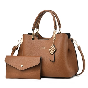 Brown litchi grain leather handbag set with tote bag, wallet and gold hardware