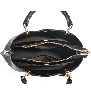Top view of the black tote bag showing three main compartments and gold zipper detail