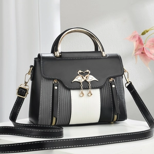 Retro Color Block PU Leather Shoulder Handbag Swan Heart Lock Artificial Pearl Pendant Crossbody Bag For Women