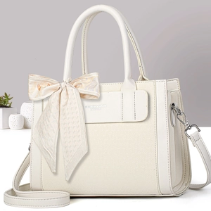 Cream white leather Boston handbag with decorative scarf and shoulder strap for women