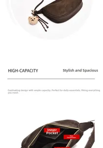 Brown crescent shoulder bag interior view with high-capacity pockets and teddy charm