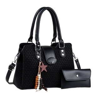 Black woven texture women handbag set with silver M hardware and matching coin purse