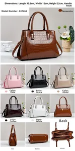 Detail view of glossy crocodile pattern handbag in six colors with 30.5x12x22cm dimensions