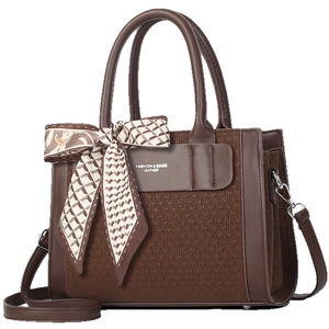 Dark brown leather tote bag with V-weave texture and decorative silk scarf detail