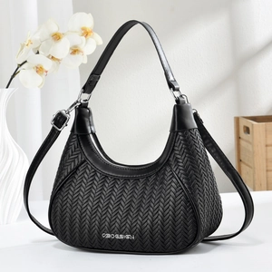 Elegant black woven leather hobo bag with adjustable strap and silver buckle detail
