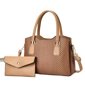 Brown leather and herringbone weave two-piece handbag set with tote and clutch