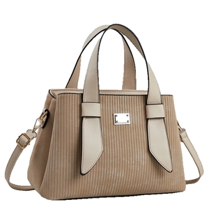 Sac à main élégant à rayures en cuir beige et café avec bandoulière réglable