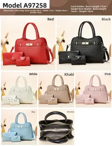 Three-piece handbag set detail showing dimensions and internal storage capacity