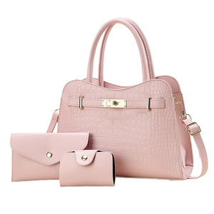 Pink crocodile pattern 3-piece handbag set with shoulder strap and metal hardware