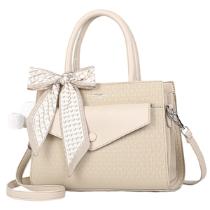 Beige woven leather handbag for women featuring a silk scarf bow and adjustable strap