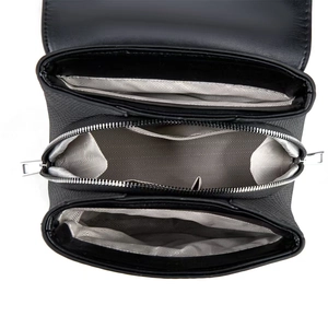 Internal view showing three compartments with gray herringbone lining and a metal zipper