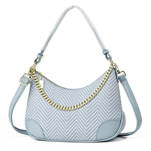 Classic grey-blue half-moon crossbody bag in herringbone weave with gold chain detail