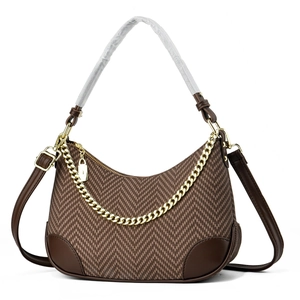 Classic dark brown herringbone hobo bag with gold chain and padlock detail