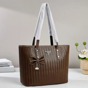 Fashion Woven Texture PU Leather Tote Bag Large Capacity Handbag With Bow And Artificial Pearl Charm For Women Commute Travel