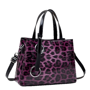 Chic purple leopard print glossy leather handbag with top handles and silver rings