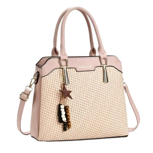 Pink PU leather and straw patchwork handbag with star charm and shoulder strap