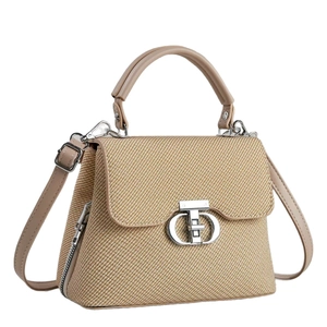 Women's chic beige woven handbag with metal CD buckle and detachable shoulder strap