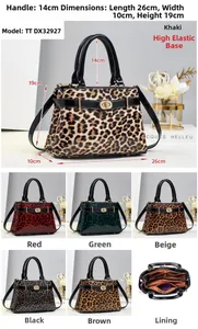 Detailed view of leopard print handbag dimensions and multiple interior compartments