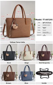 Detailed view of six color options and size parameters for this textured tote bag