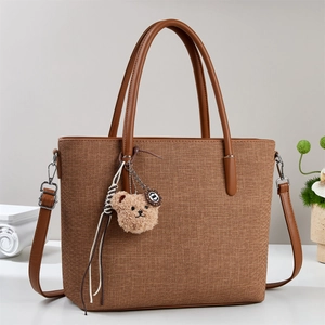 Large Capacity Women Tote Bag Canvas Texture PU Leather Handle Crossbody Shoulder Handbag With Plush Bear Charm