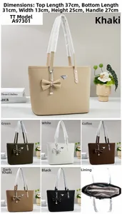 Detailed size specifications and six color variants for this woven leather tote bag