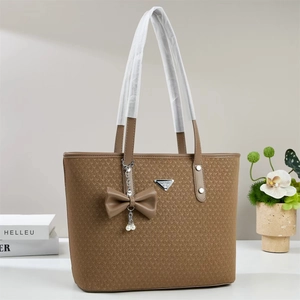 Women Woven Texture Tote Bag PU Leather Large Capacity Underarm Commuter Handbag With Bow Artificial Pearl Charm Fashion